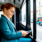 Home 12 **Image Prompt: Digital Ticketing in Modern Lithuanian Public Transport**
A professional adult, appearing diverse in gender and ethnicity, stands inside a sleek, modern public transport vehicle. The person is holding a smartphone, tapping it against a digital ticket validator near the entrance of the bus or tram. They are dressed in modern, modest business-casual attire, fully clothed. The vehicle's interior is clean, well-lit, with comfortable seating visible in the background and large windows. Through the windows, a bustling yet clean European city street scene is visible, suggesting urban life in Vilnius or Kaunas. High-resolution professional photography, natural lighting, sharp focus on the subject and the digital interaction, perfect anatomy, correct proportions, natural pose, well-formed hands, proper finger count, natural body proportions, safe for work, appropriate content, fully clothed, professional dress, modest clothing, family-friendly.