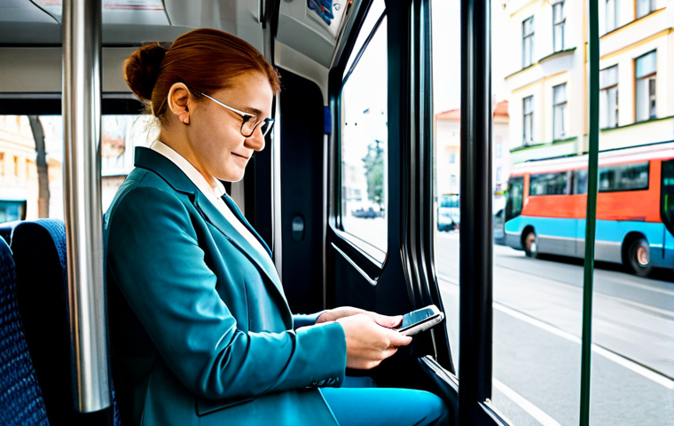 **Image Prompt: Digital Ticketing in Modern Lithuanian Public Transport**
A professional adult, appearing diverse in gender and ethnicity, stands inside a sleek, modern public transport vehicle. The person is holding a smartphone, tapping it against a digital ticket validator near the entrance of the bus or tram. They are dressed in modern, modest business-casual attire, fully clothed. The vehicle's interior is clean, well-lit, with comfortable seating visible in the background and large windows. Through the windows, a bustling yet clean European city street scene is visible, suggesting urban life in Vilnius or Kaunas. High-resolution professional photography, natural lighting, sharp focus on the subject and the digital interaction, perfect anatomy, correct proportions, natural pose, well-formed hands, proper finger count, natural body proportions, safe for work, appropriate content, fully clothed, professional dress, modest clothing, family-friendly.