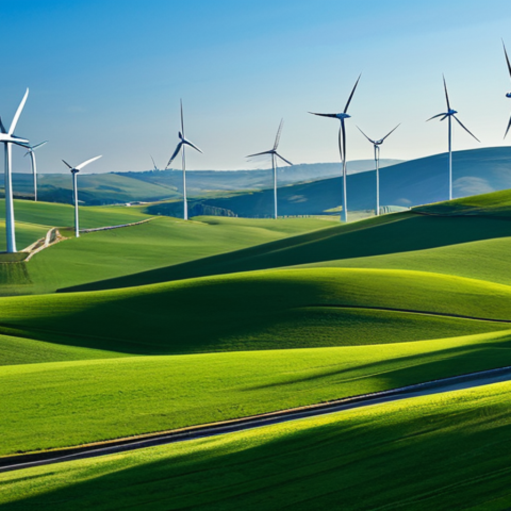 리투아니아 환경 정책 - **Prompt:** A vast wind farm stretching across rolling green hills under a clear blue sky, windmills...