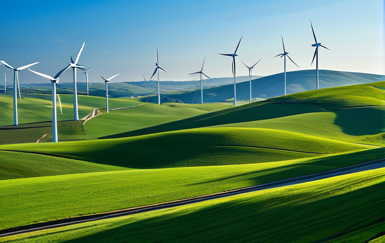 리투아니아 환경 정책 - **Prompt:** A vast wind farm stretching across rolling green hills under a clear blue sky, windmills...