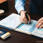 Home 9 리투아니아 비자 및 입국 절차 - **Prompt 1: Meticulous Travel Document Preparation**
"A wide shot of an organized desk bathed in...