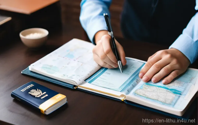 리투아니아 비자 및 입국 절차 - **Prompt 1: Meticulous Travel Document Preparation**
"A wide shot of an organized desk bathed in...