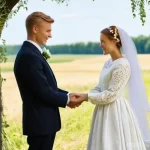 Home 8 리투아니아에서 결혼 및 가족 문화 - Echoes of Yesteryear: A Lithuanian Wedding Ceremony**
Prompt: "A young Lithuanian couple, elegantly...