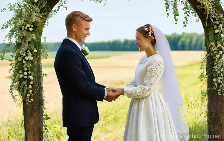 리투아니아에서 결혼 및 가족 문화 - Echoes of Yesteryear: A Lithuanian Wedding Ceremony**
Prompt: "A young Lithuanian couple, elegantly...